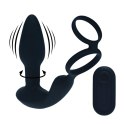 Dual Vibrating Remote Rotating Beads Silicone Prostate Stimulator with Cock and Ball Ring - Black Levelz