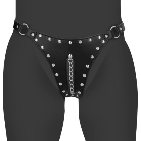 PU Leather Chastity Thong with Chain Detail - Black Ouch!