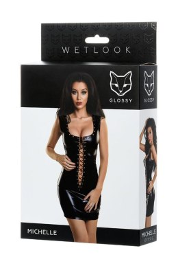 Glossy Shiny Wetlook dress with a lace MICHELLE - black L Glossy