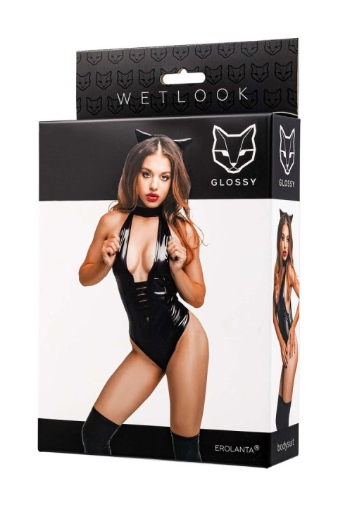 Glossy Kitti, bodysuit and cat ears, wetlook, black, L Glossy