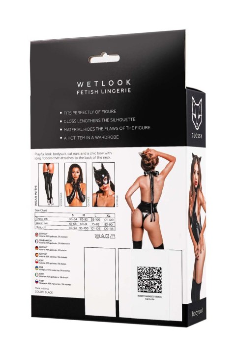 Glossy Kitti, bodysuit and cat ears, wetlook, black, L Glossy