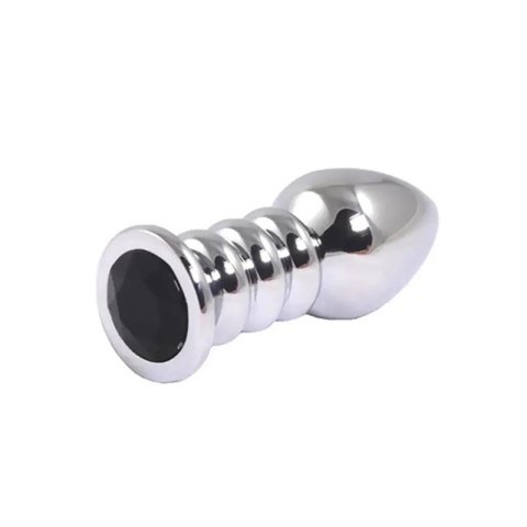 Silver large ribbed butt plug with black crystal Fantasy