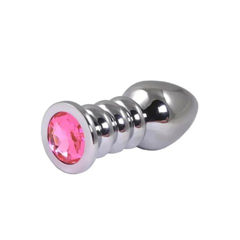 Silver large ribbed butt plug with pink crystal Fantasy