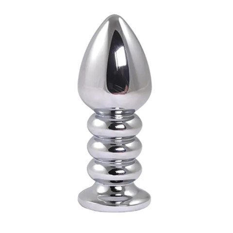 Silver large ribbed butt plug with pink crystal Fantasy
