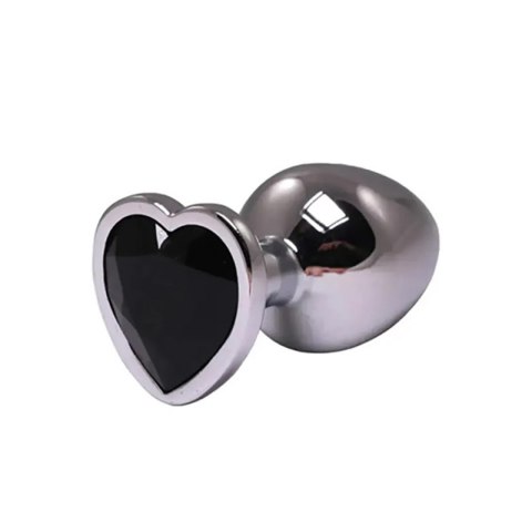 Silver medium heart-shaped butt plug with black crystal Fantasy