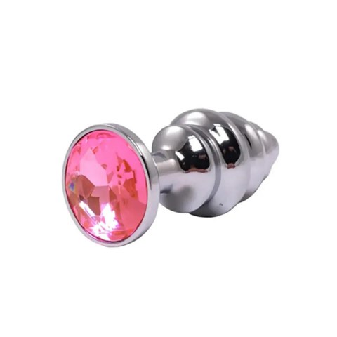 Silver medium ribbed butt plug with pink crystal Fantasy