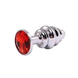 Silver medium ribbed butt plug with red crystal Fantasy