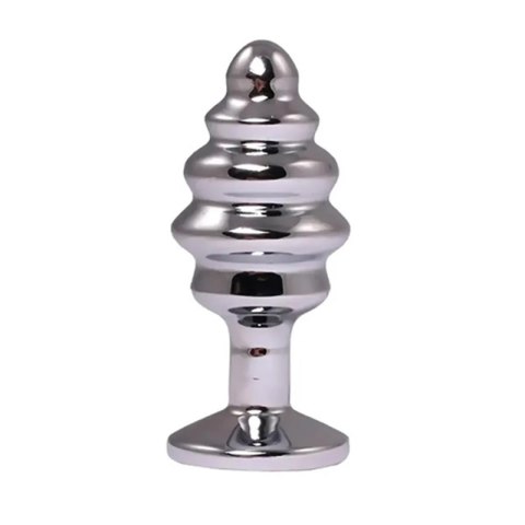 Silver medium ribbed butt plug with red crystal Fantasy