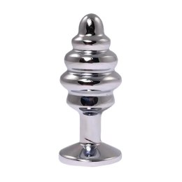 Silver small ribbed butt plug with pink crystal Fantasy