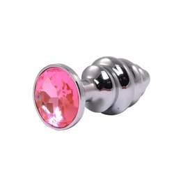 Silver small ribbed butt plug with pink crystal Fantasy