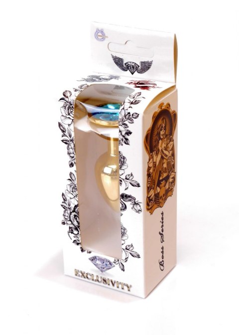 Stalowy korek analny plug złoty sex kryształ 7cm niebieski Boss Series HeavyFun